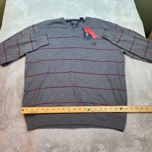 Chaps Cashmere Blend V-Neck Sweater Mens L Striped Knit Pullover Grey Burgundy